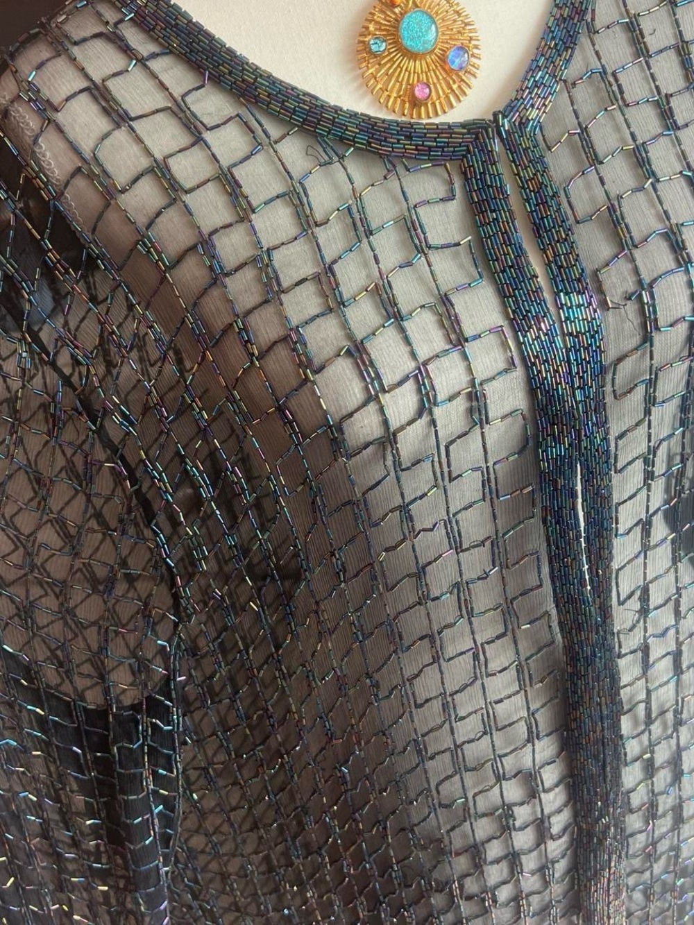 Iridescent Beaded Sheer Black Camisole Cover-Up
